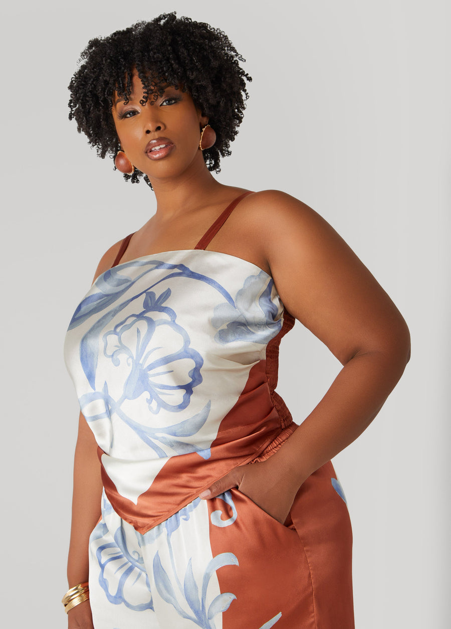 Plus Size Shirred Floral Satin Top
