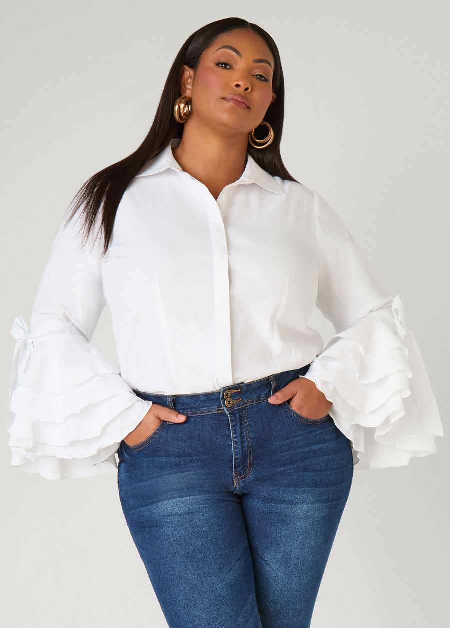 Plus Size Tiered Sleeve Cotton Blend Shirt