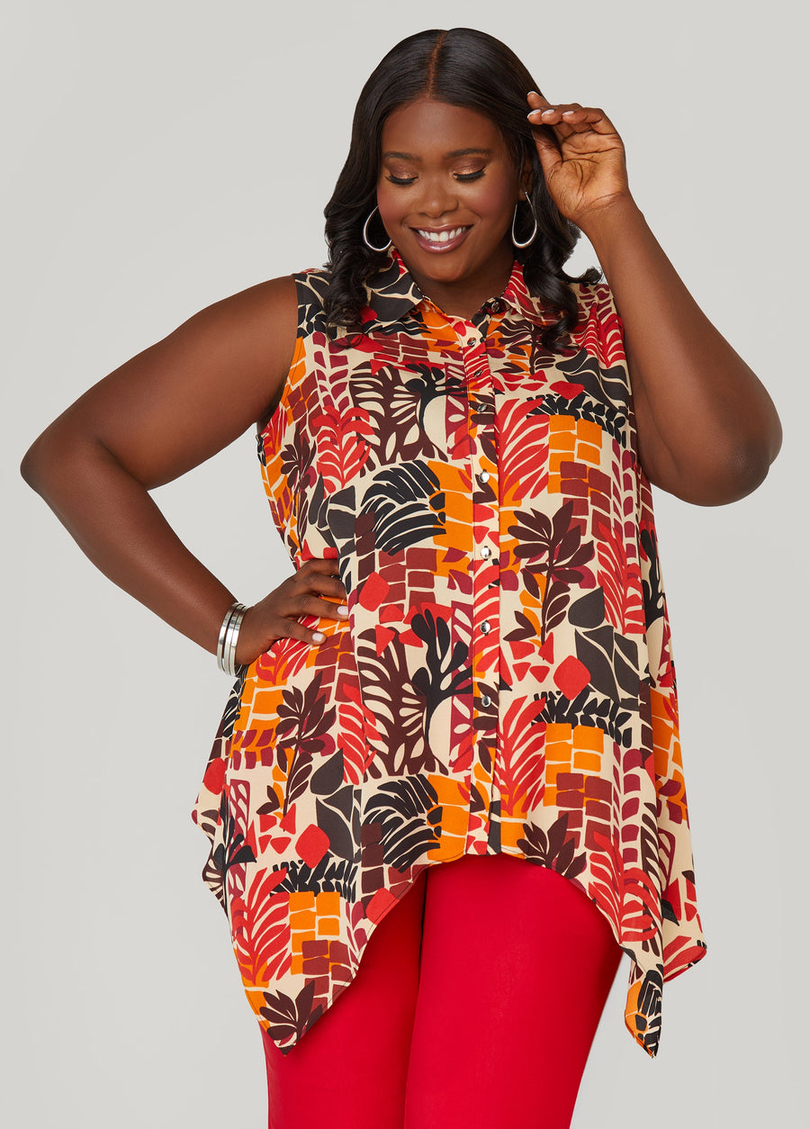 Plus Size Leaf Print Handkerchief Shirt