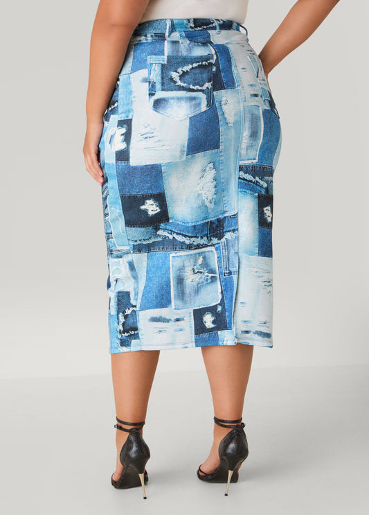 Denim Print Midi Skirt