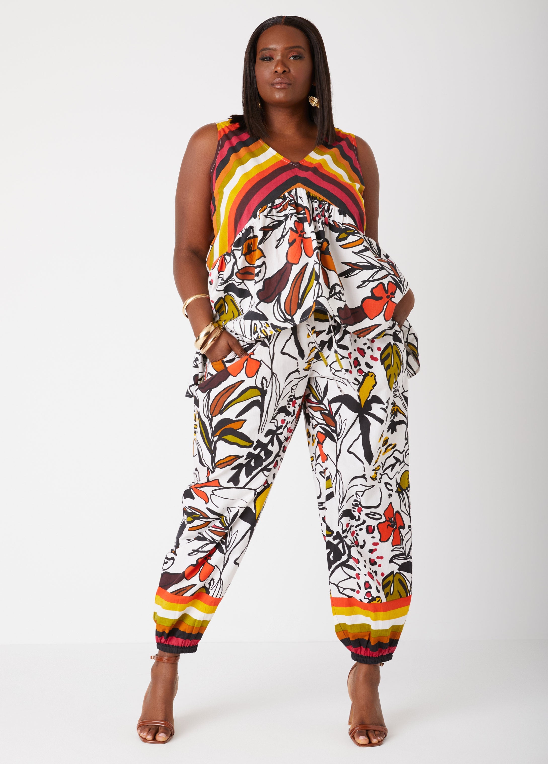 Plus Size Printed Cotton High Rise Joggers
