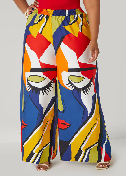 Plus Size Face Print Wide Leg Pants