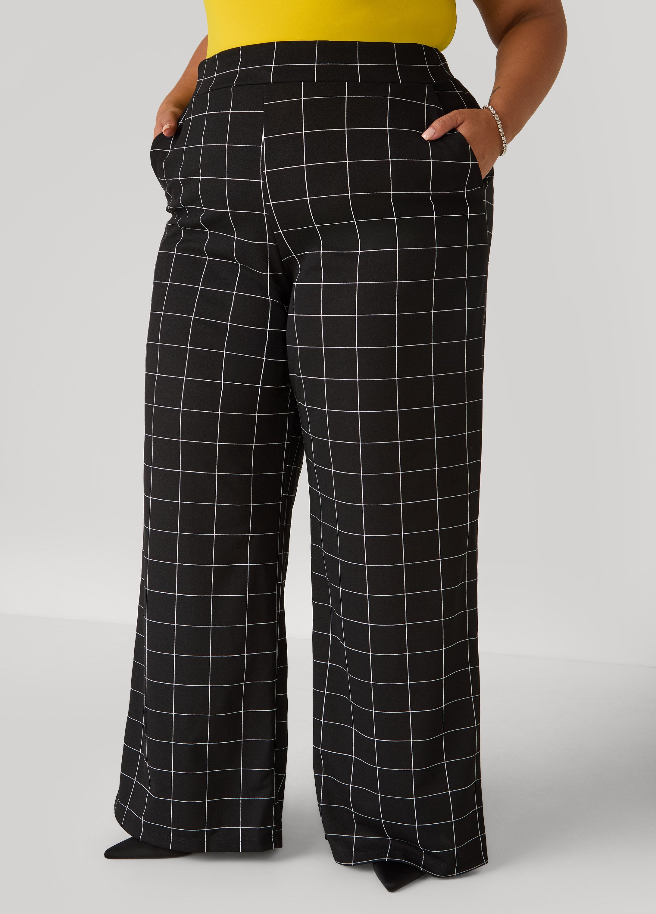 Plus Size Windowpane Print Wide Leg Pants