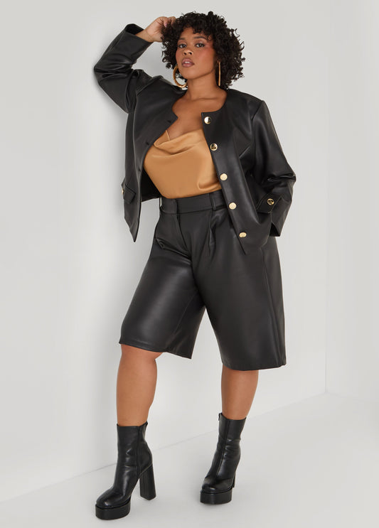 Plus Size Pleated Faux Leather Shorts