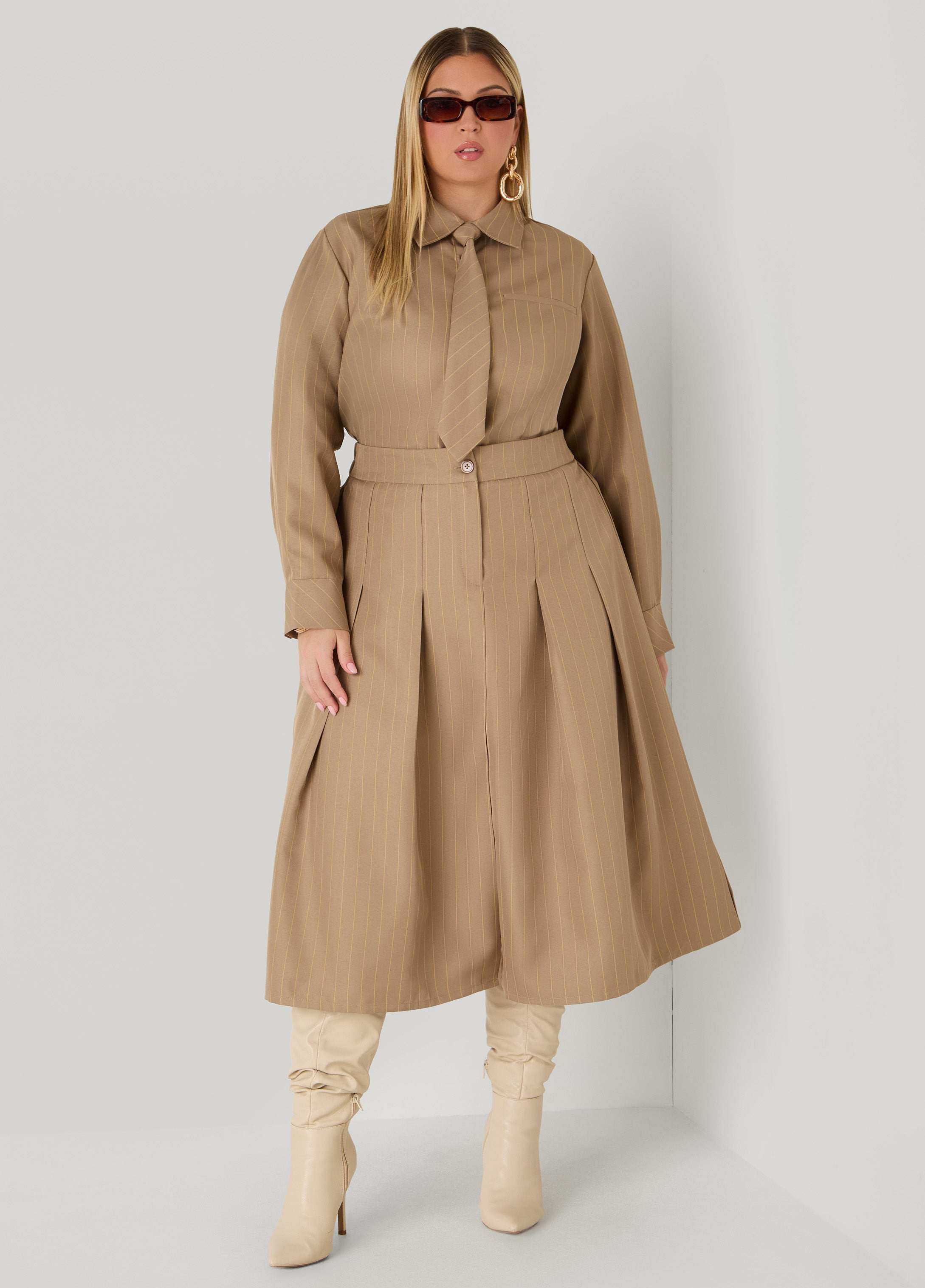 Plus Size Pleated Striped Midi Skirt