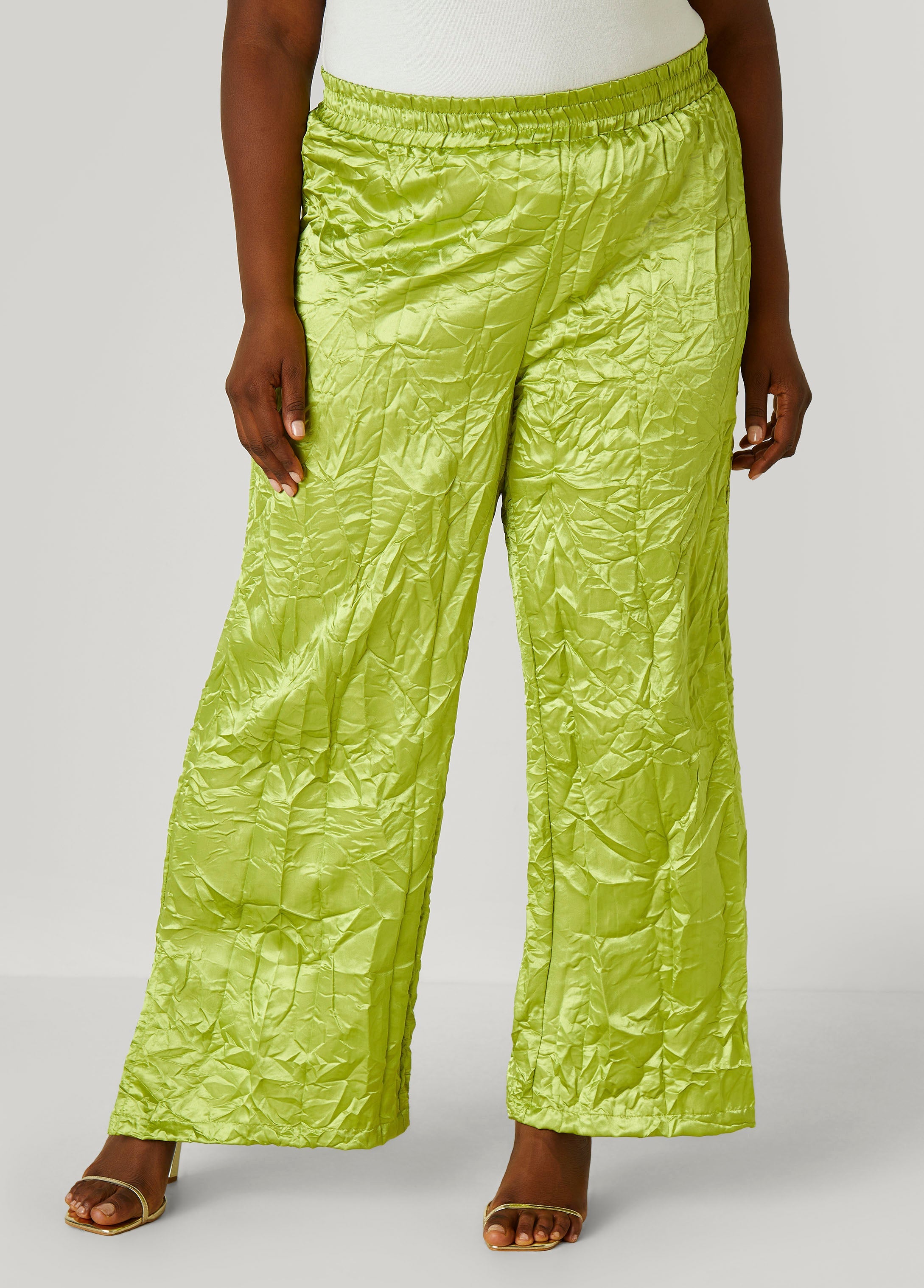 Plus Size Crinkled Satin Split Hem Pants