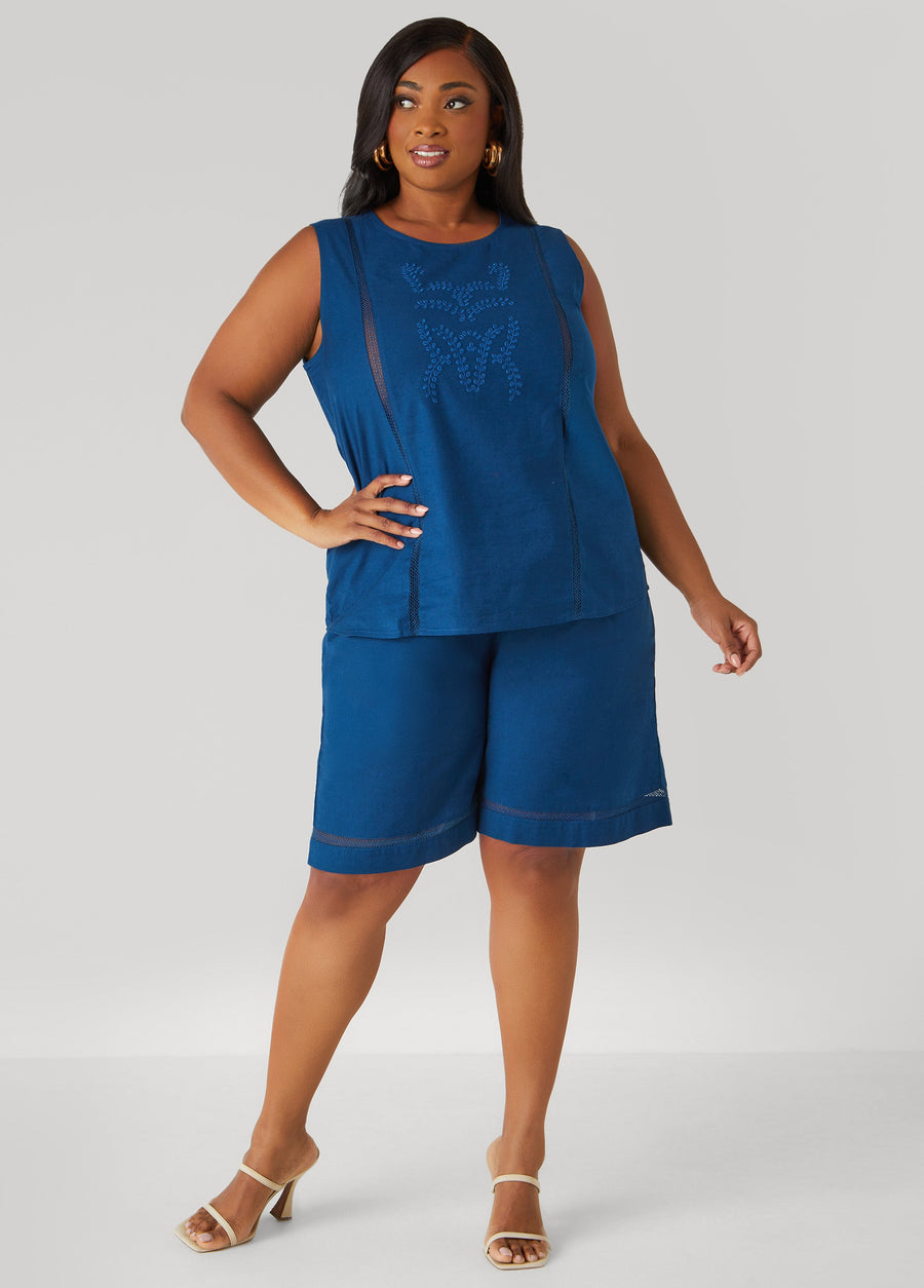 Plus Size Embroidered Cotton Blend Shorts
