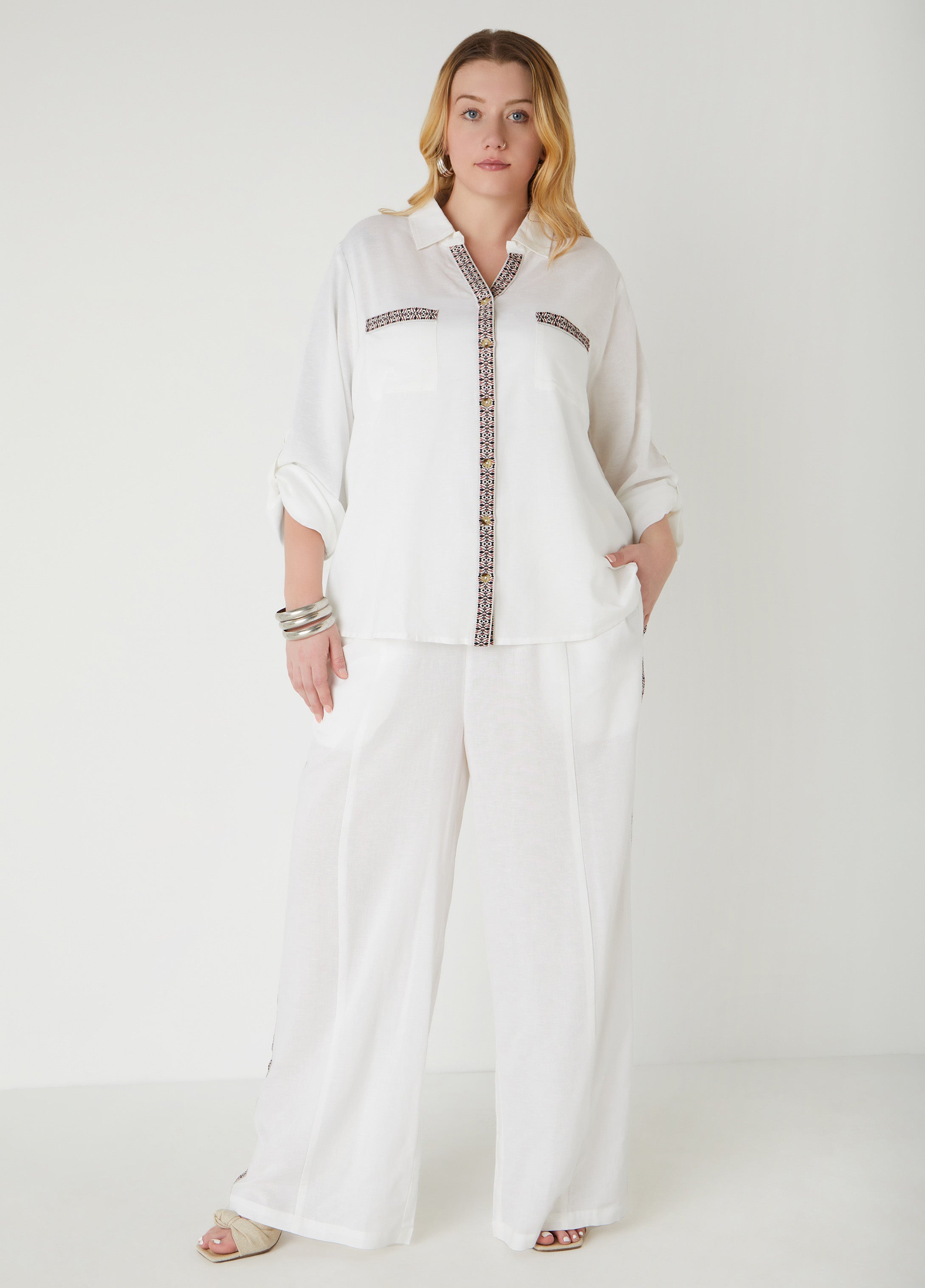 Plus Size Embroidered Linen Blend Pants