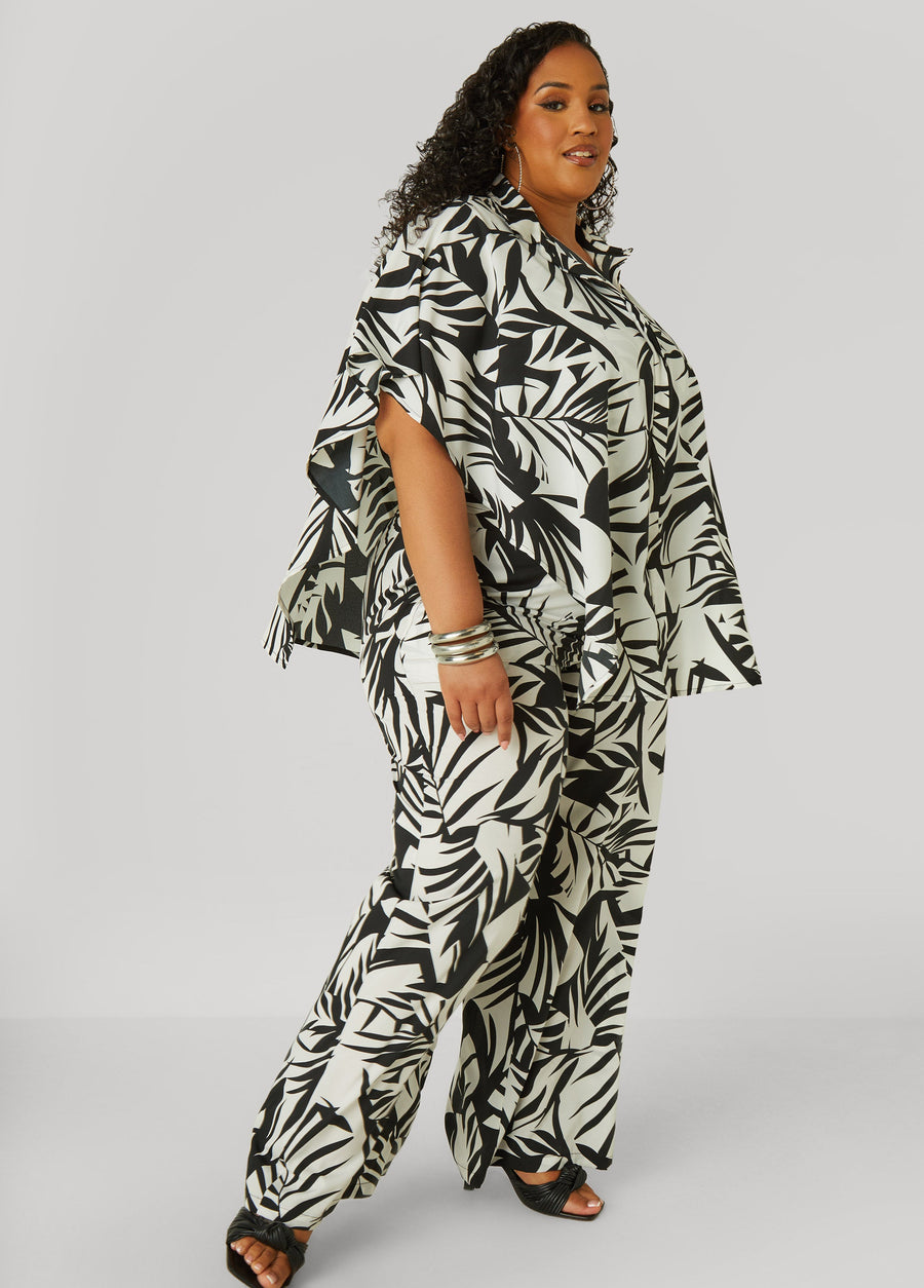 Plus Size Leaf Print Wide Leg Pants
