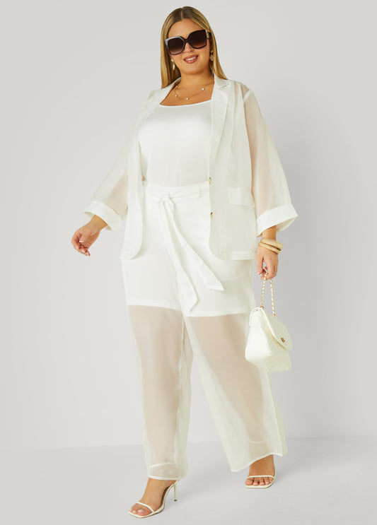 Plus Size Belted Chiffon Straight Leg Pants