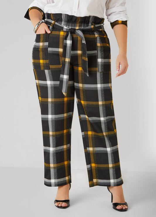 Plus Size Plaid Twill Paperbag Pants