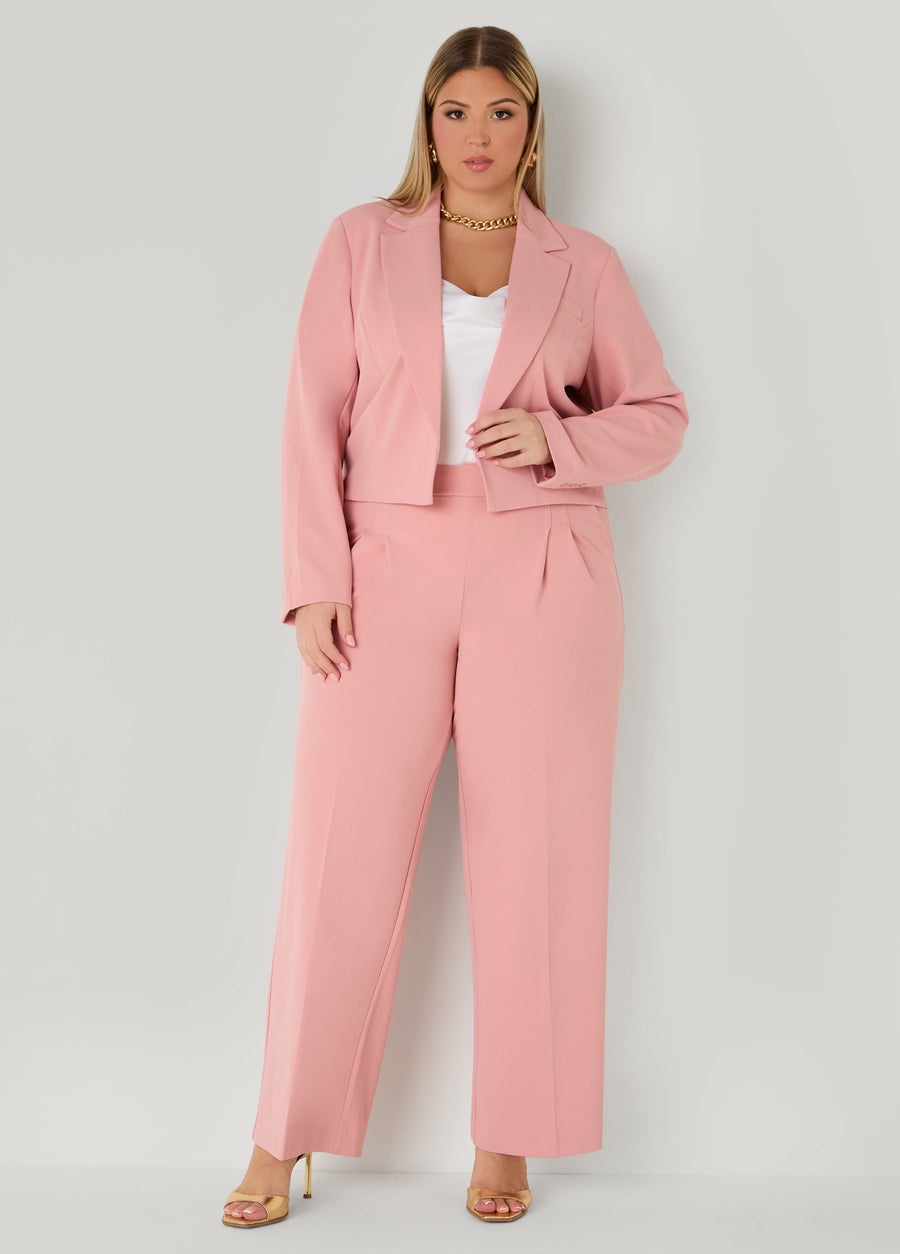 Plus Size Belted Pleated Straight Leg Pants