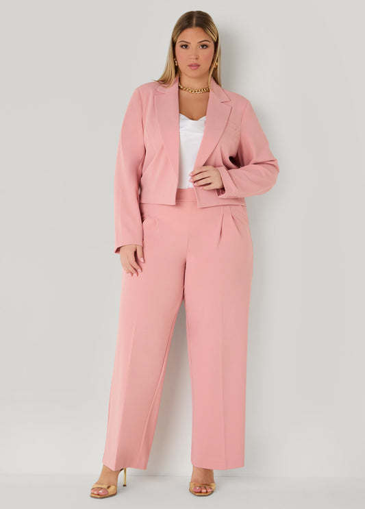 Plus Size Belted Pleated Straight Leg Pants