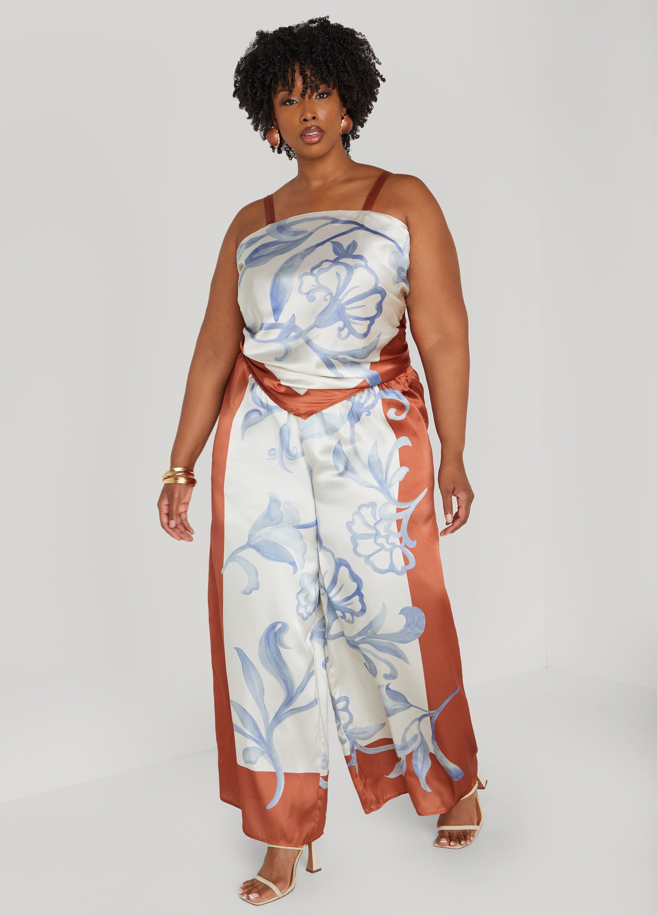 Plus Size Floral Satin Wide Leg Pants