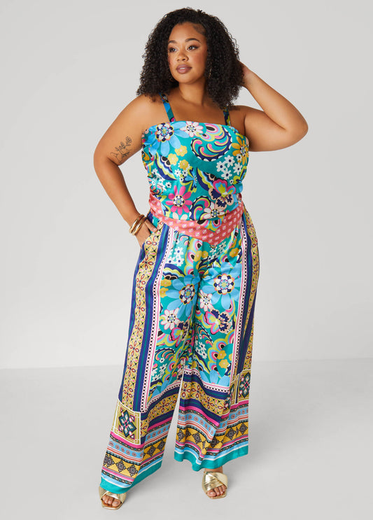 Plus Size Scarf Satin Wide Leg Pants