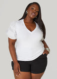 Plus Size Puff Sleeve Paneled V Neck Tee