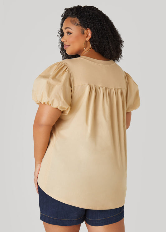 Puff Sleeve Paneled V Neck Tee