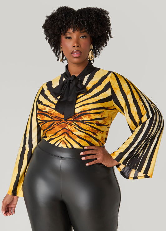 Plus Size Printed Tie Neck Top