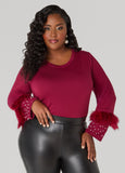 Plus Size Feather And Faux Pearl Terry Top
