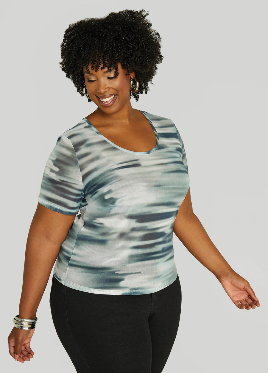 Plus Size Abstract Print Mesh Tee