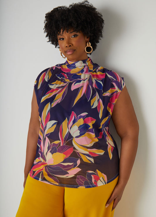 Printed Mesh Mock Neck Top