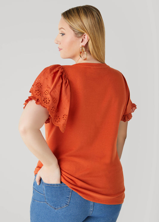 Floral Applique Poplin Paneled Tee
