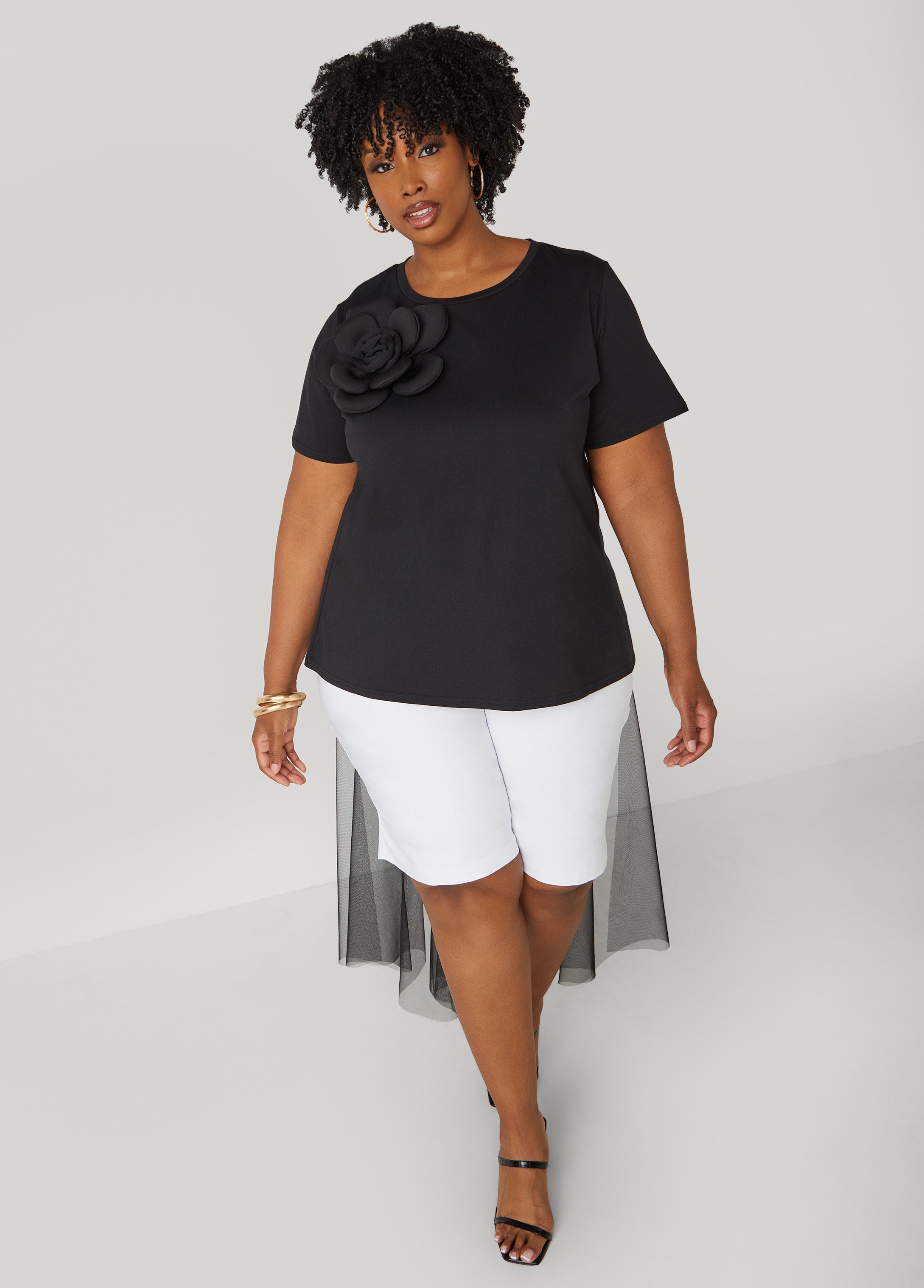 Plus Size Mesh Paneled Rosette Tee