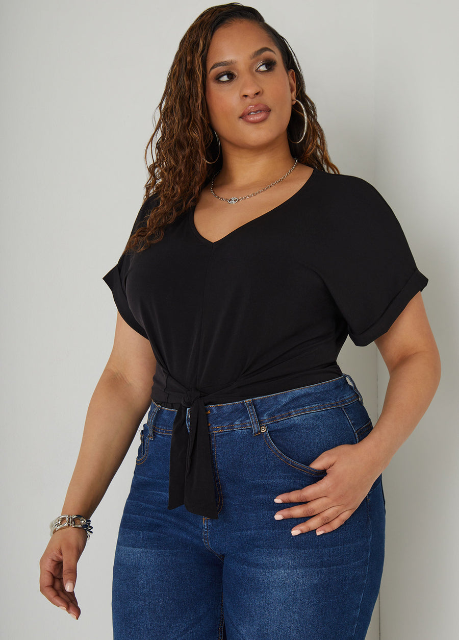 Plus Size Tie Front Stretch Knit Top