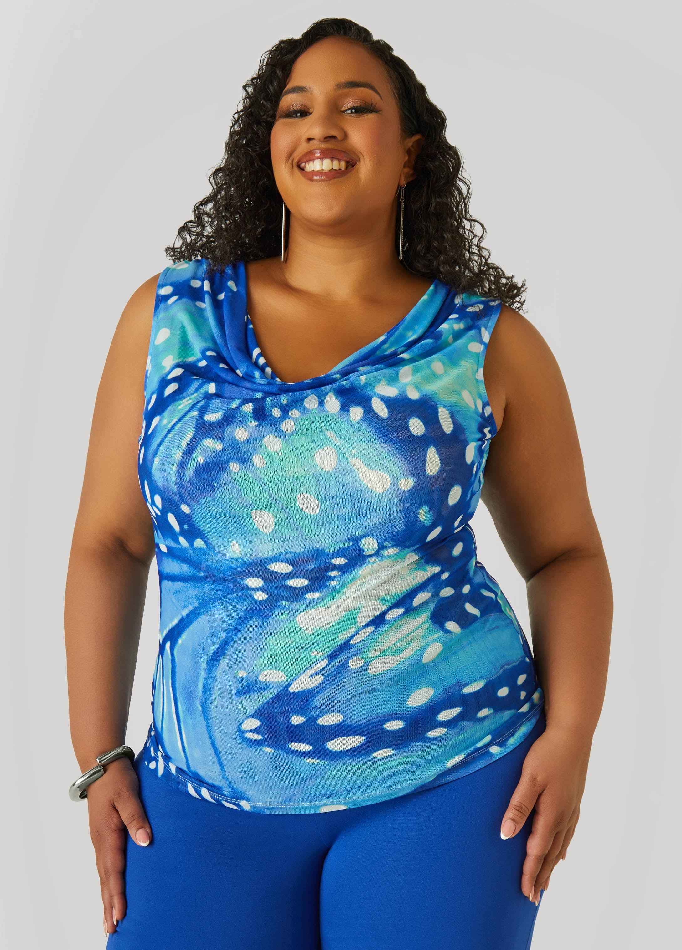Plus Size Cowl Neck Abstract Mesh Top