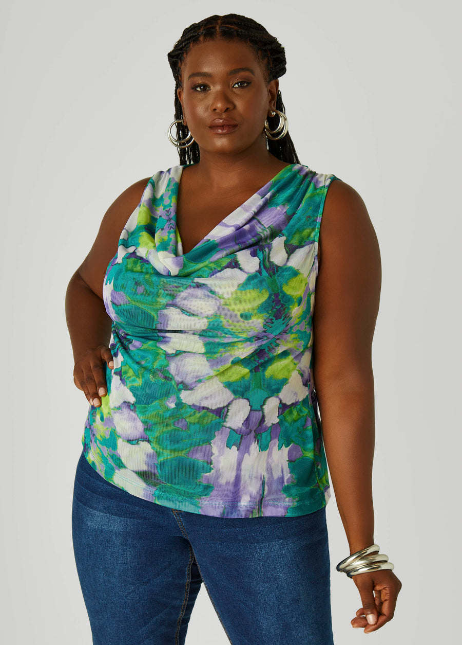 Plus Size Cowl Neck Printed Mesh Top