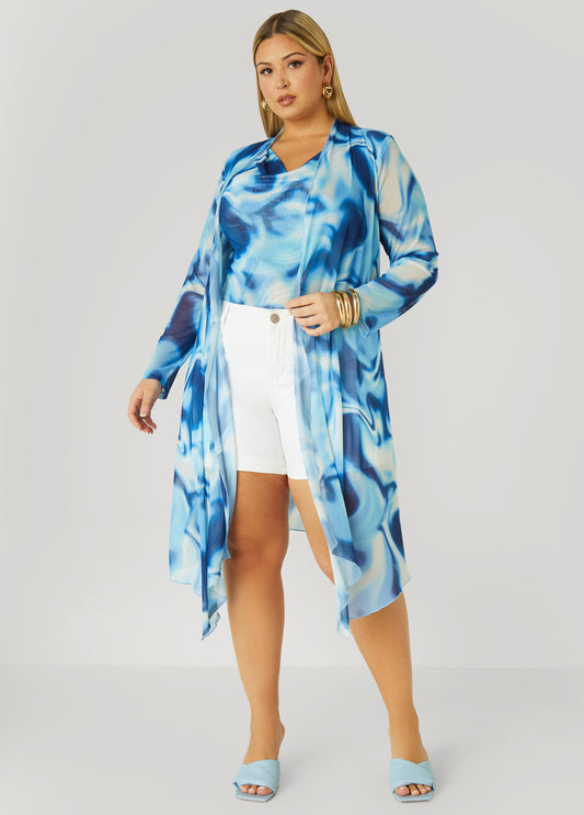 Plus Size Open Front Watercolor Mesh Duster