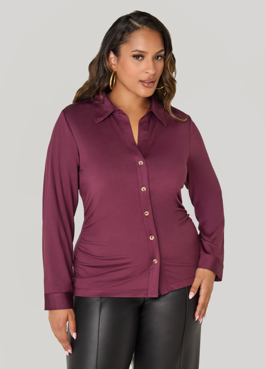 Plus Size Gathered Button Front Knit Shirt