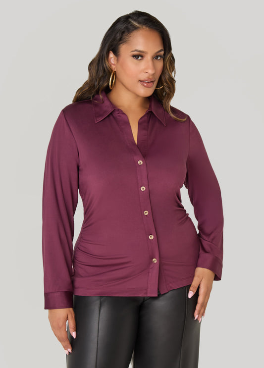 Plus Size Gathered Button Front Knit Shirt