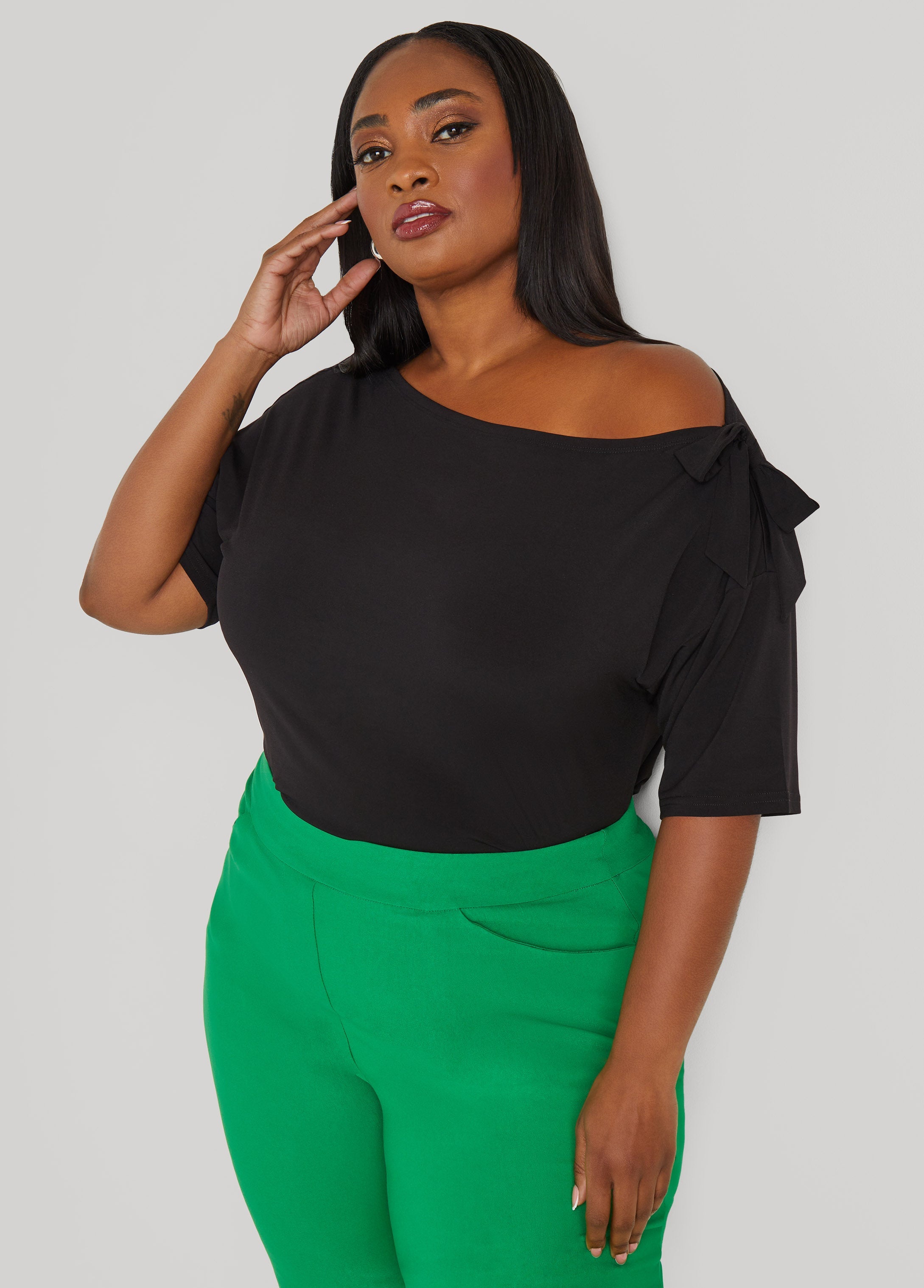 Plus Size Bow Embellished One Shoulder Top