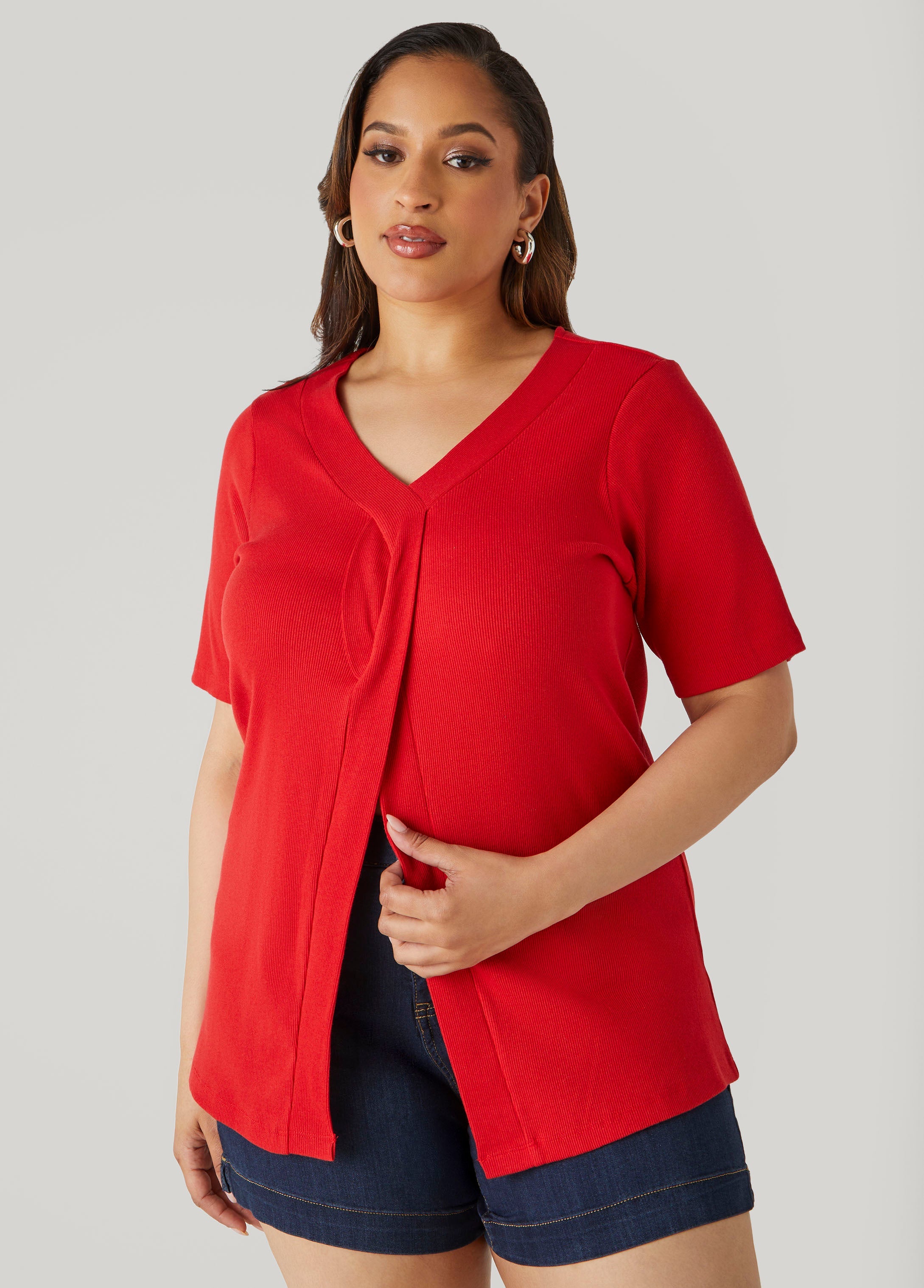 Plus Size Split Front Ribbed Top