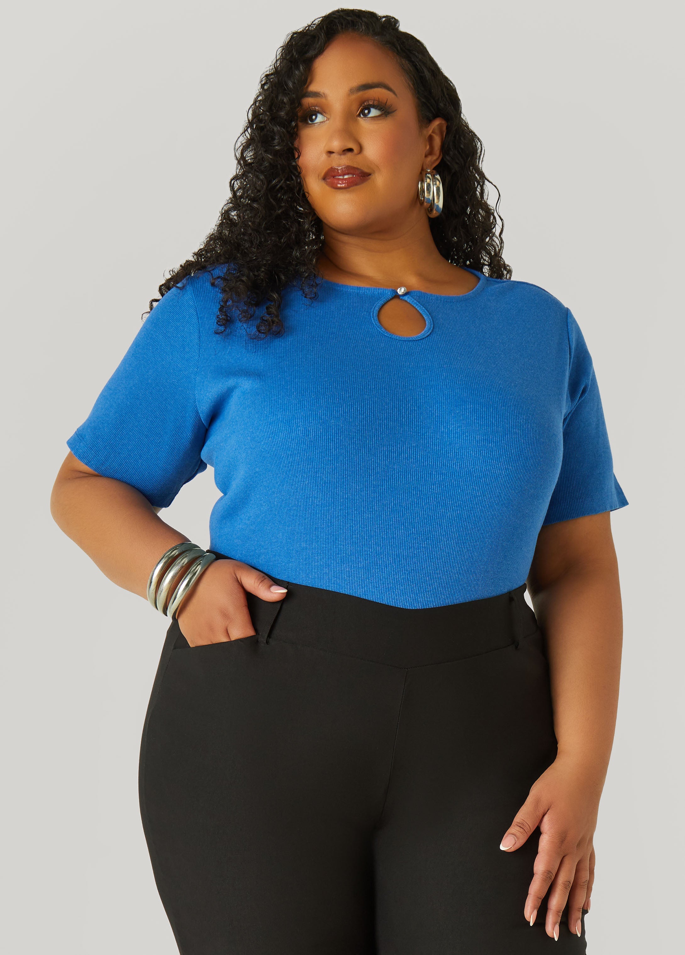 Plus Size Crystal Keyhole Ribbed Top