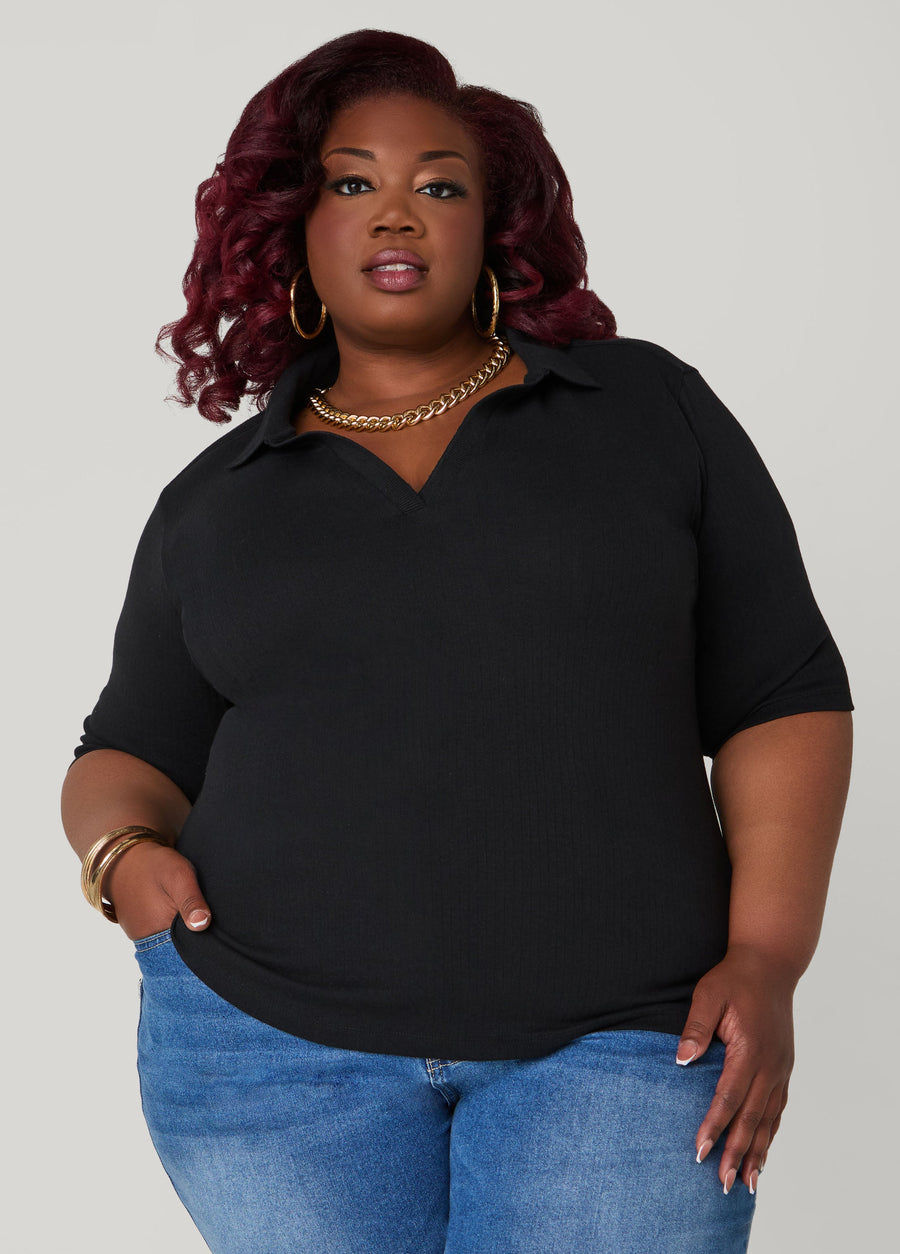 Plus Size V Neck Ribbed Top