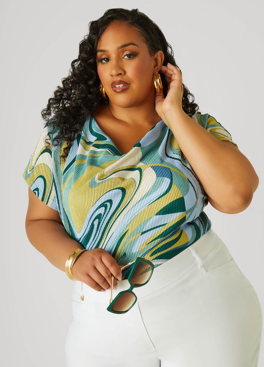 Plus Size Plisse Swirl Print Top