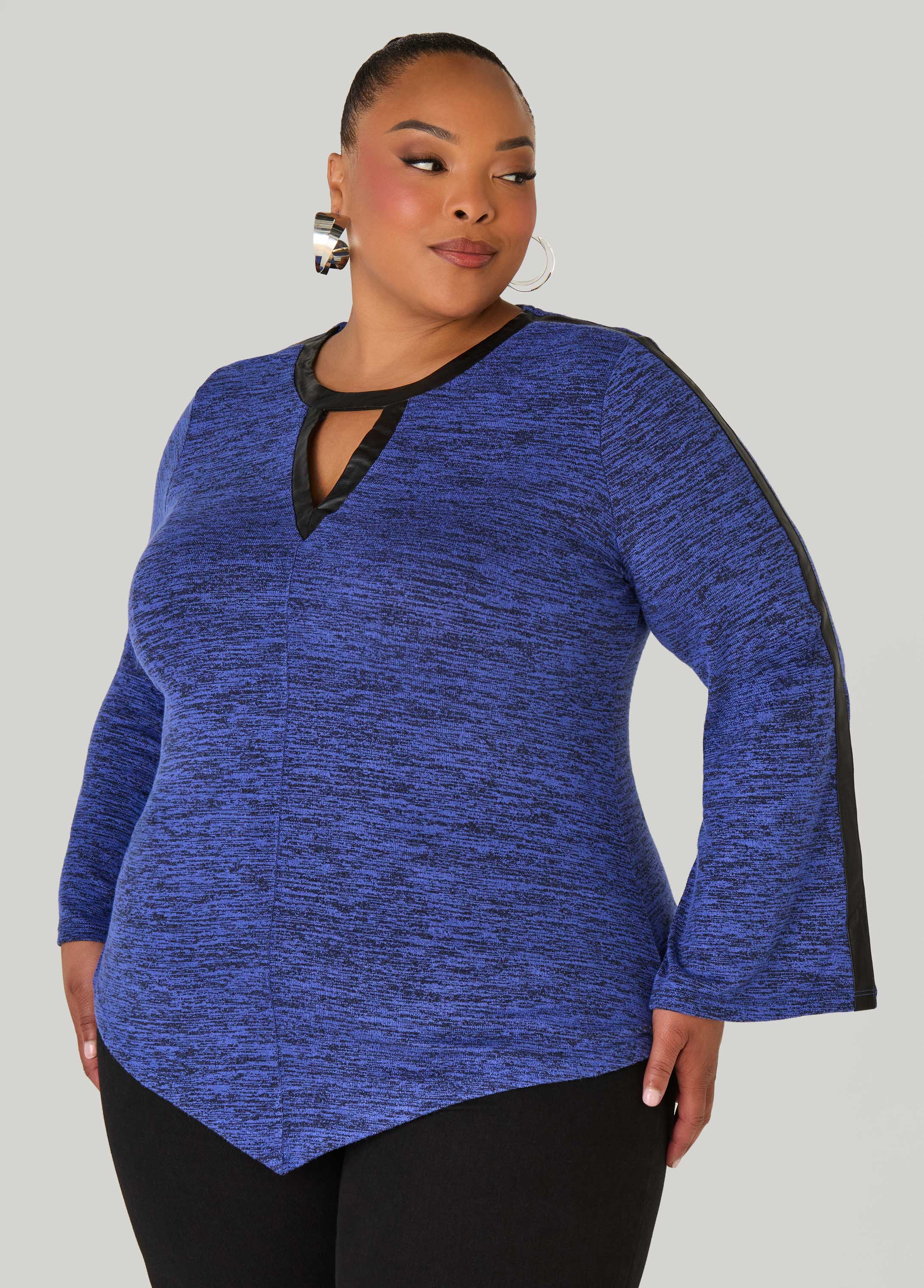 Plus Size Faux Leather Trimmed Marled Top