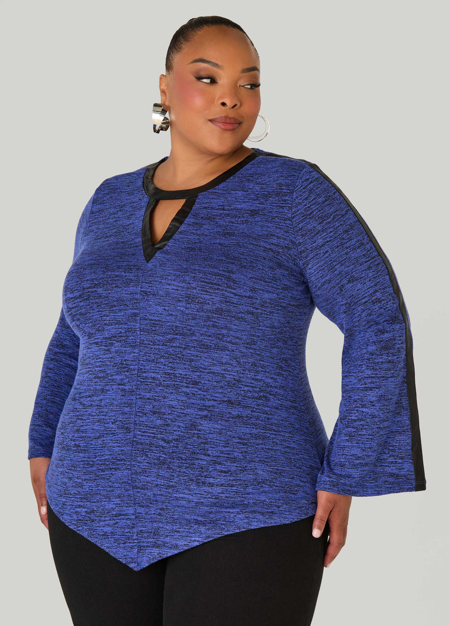 Plus Size Faux Leather Trimmed Marled Top