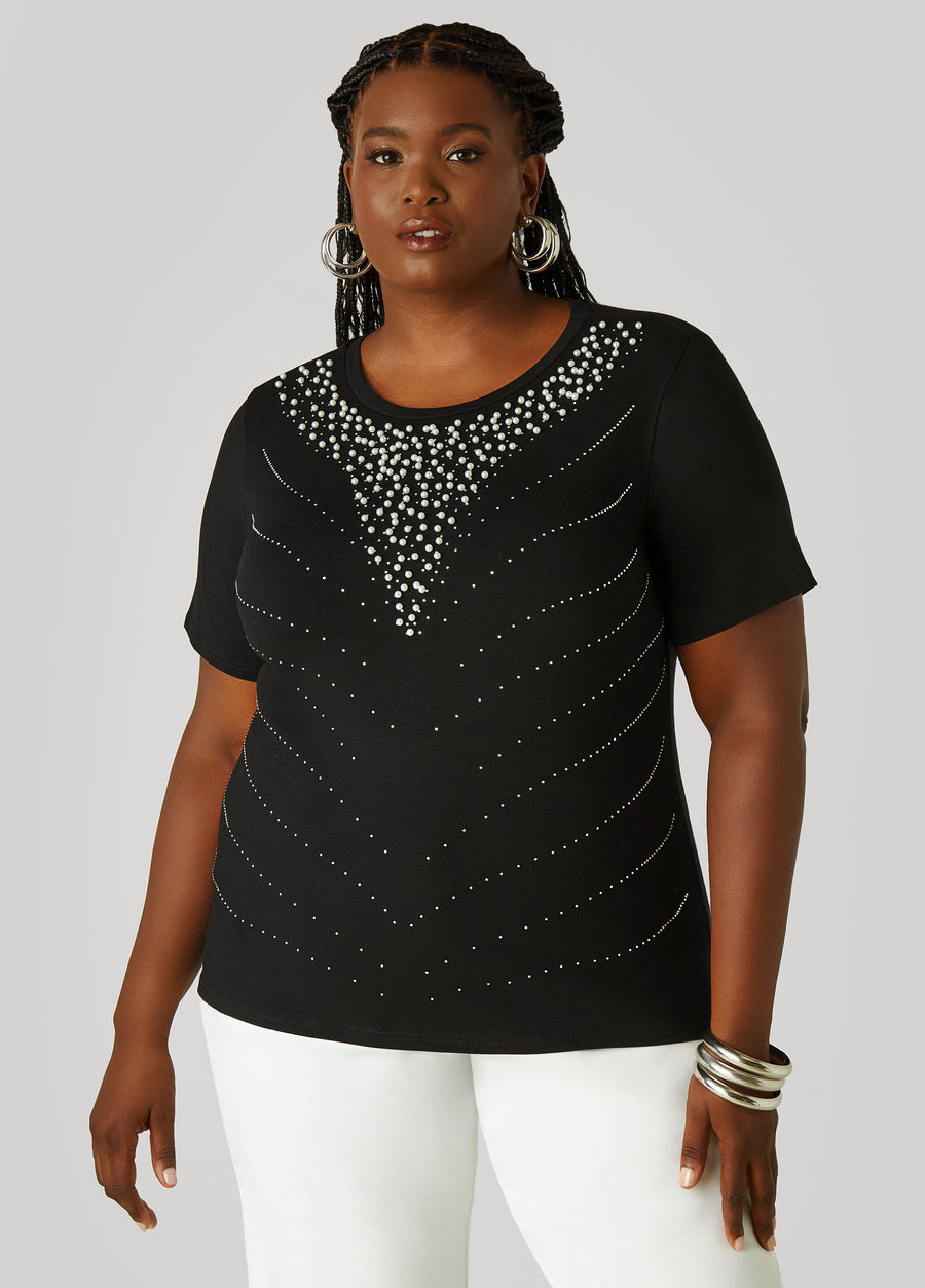 Plus Size Faux Pearl And Crystal Jersey Tee