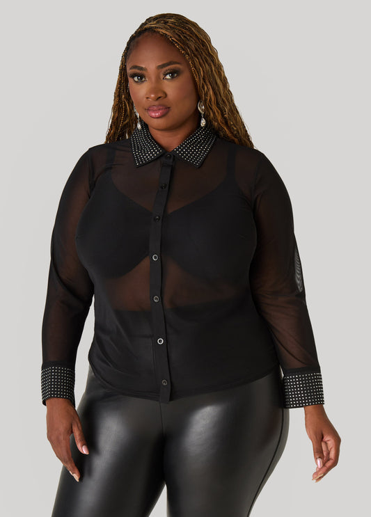 Plus SizeCrystal Embellished Mesh Shirt