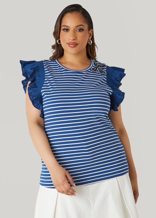 Plus Size Embellished Paneled Striped Top