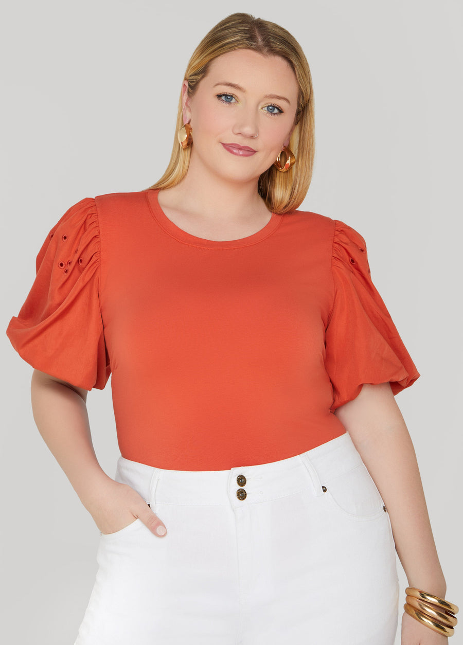 Plus Size Embroidered Puff Sleeved Tee