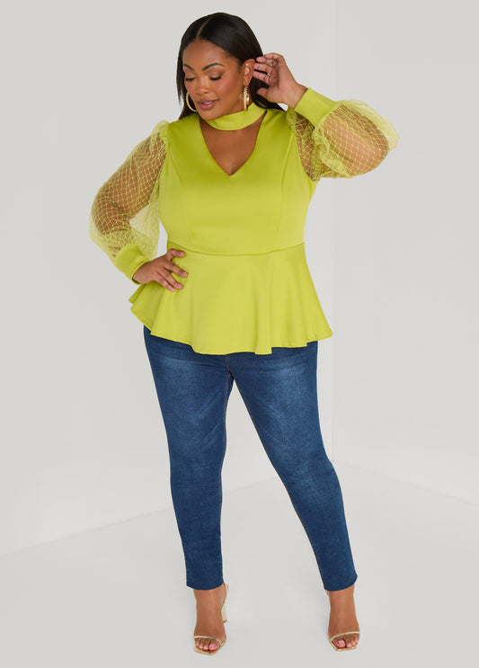 Mesh Paneled Cutout Peplum Top