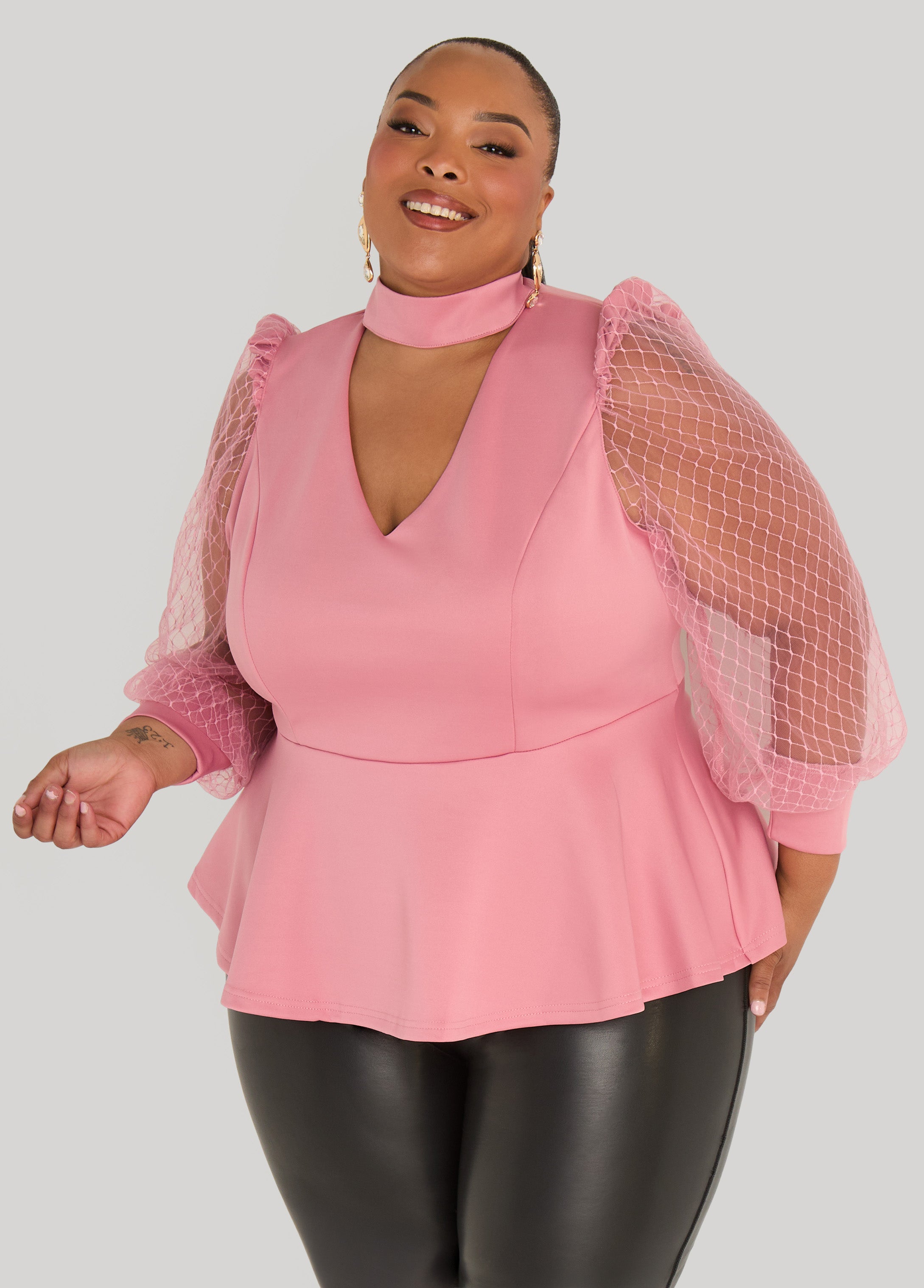 Plus Size Mesh Paneled Cutout Peplum Top