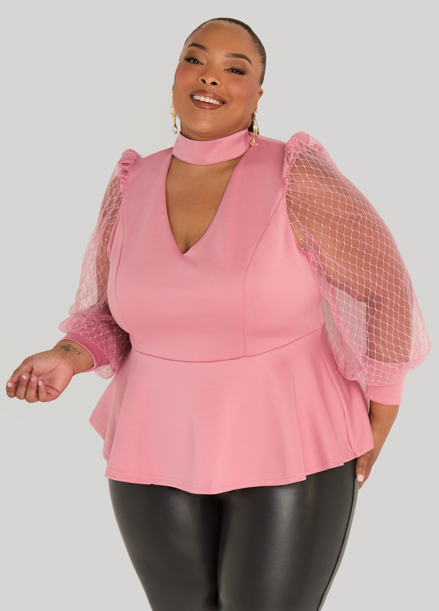 Plus Size Mesh Paneled Cutout Peplum Top