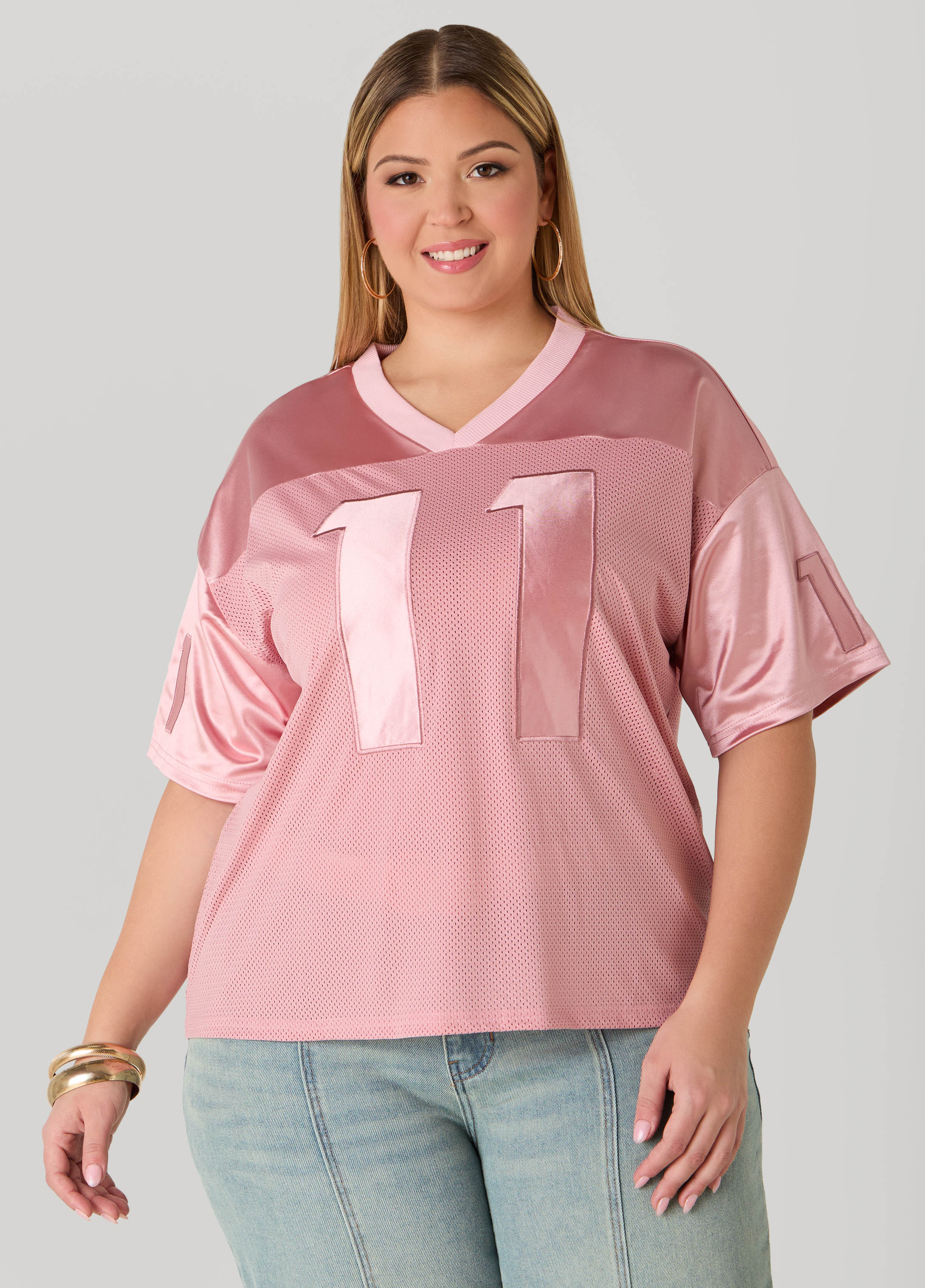 Plus Size Stretch Satin And Mesh Jersey Tee