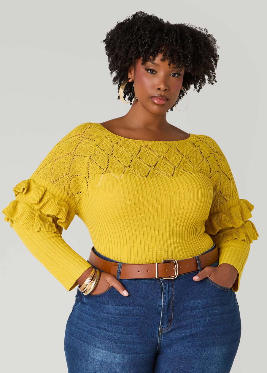 Plus Size Ruffled Crochet And Ribbed Sweater