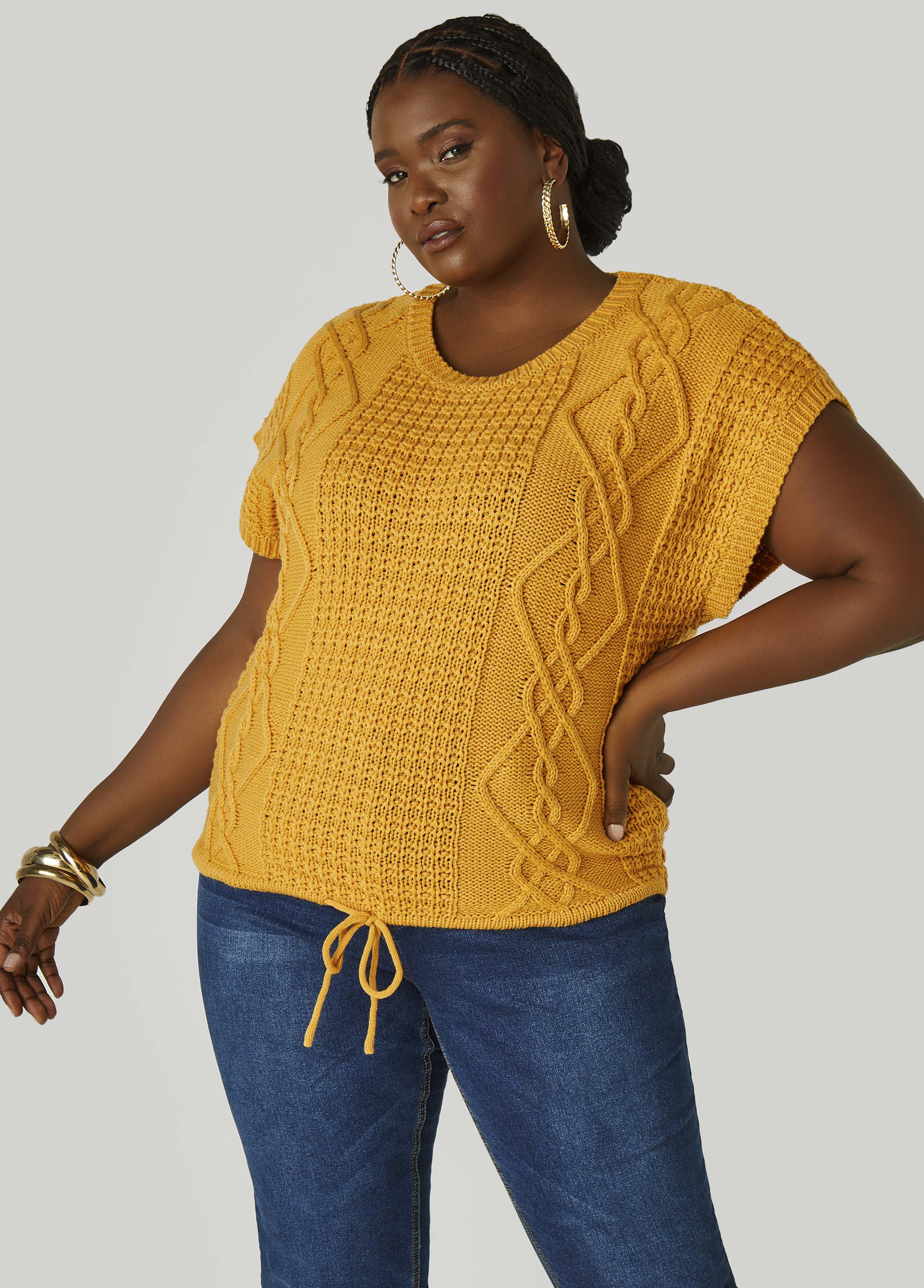 Plus Size Drawstring Cable Knit Sweater